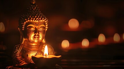 Wall Mural - A golden Buddha statue sits in front of a burning candle with a soft glow of light.