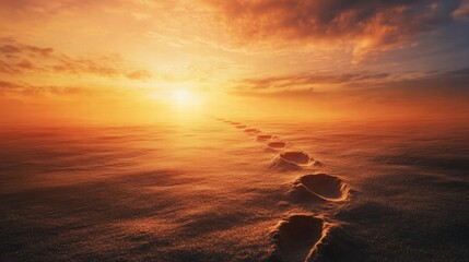Aufkleber - Footprints leading to a vibrant sunset over a serene beach during twilight hours. Generative AI