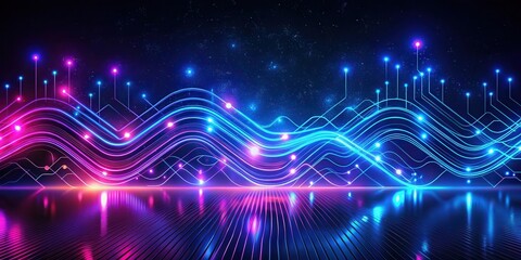 Wall Mural - Abstract Futuristic Circuitry Design with Glowing Neon Waves Reflecting on a Polished Surface