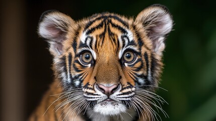 tiger cub stares forward, portrait outdoors with blurry green background