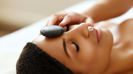 Wall Mural - A woman is receiving a facial treatment with a tool that dispenses a white cream.