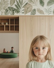 Wall Mural - Charming young girl with blonde hair posing in a natural, minimalist room with leafy wallpaper, evoking emotions of innocence and tranquility