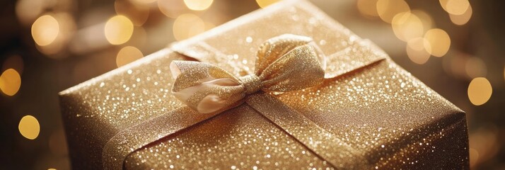 Aufkleber - Sparkling gold gift box wrapped with a shiny bow placed against a blurred festive background of warm lights. Generative AI