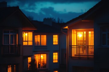 Fototapete - Warmly lit windows in residential buildings at night create a cozy urban atmosphere in a quiet neighborhood. Generative AI
