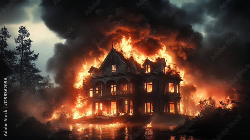 Massive Fire Engulfs Abandoned Mansion at Night in Dramatic Scene Stock ...