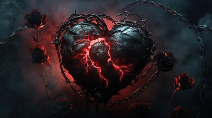 Aufkleber - Chaotic beauty of a heart wrapped in thorns, emitting glowing red energy in a dark, mystical atmosphere. Generative AI