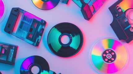 Aufkleber - Colorful collection of vintage music media displayed on a surface with vibrant lighting at an indoor location. Generative AI