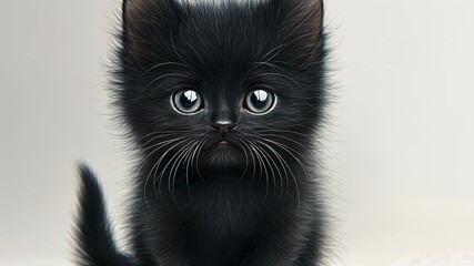 Wall Mural - Black kitten. A cartoon of a cat with gray background. Black kitten with a light fluffy coat. A lifestyle dark-colored kitten.