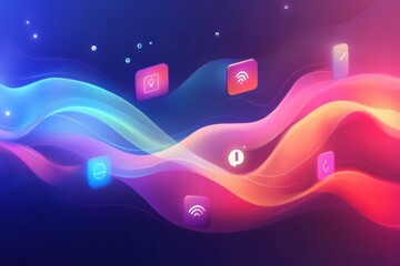Fototapete - Colorful wave design with digital icons representing technology and communication in an abstract style. Generative AI