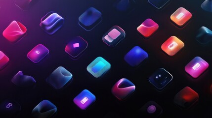 Leinwandbilder - Colorful abstract digital icons arranged on a dark background showcasing modern design trends and technology aesthetics. Generative AI