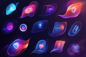 Aufkleber - Colorful glowing icons arranged in a creative display on a dark background. Generative AI