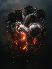 Aufkleber - Creative representation of a broken heart surrounded by roses and chains with glowing elements in an artistic arrangement. Generative AI