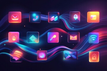 Aufkleber - Neon glowing icons representing modern digital communication and connectivity in vibrant colors. Generative AI