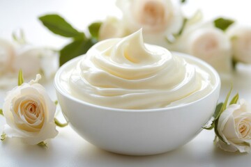 Aufkleber - Creamy white frosting in a bowl surrounded by fresh roses for a delightful dessert presentation