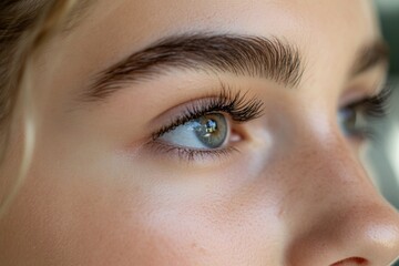 Wall Mural - Close-up shot of a woman's eye featuring long eyelashes