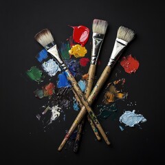 Leinwandbilder - Brushes and vibrant paint splatters create a colorful artist's palette on a dark background
