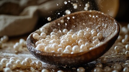 Poster - A decorative arrangement of white pearls in a wooden bowl, suitable for various uses