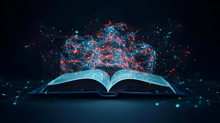 Open book with digital data streams representing knowledge on dark background