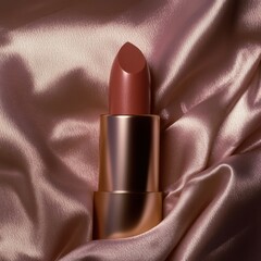 Poster - Lipstick resting elegantly on satin fabric showcasing a rich warm tone and sleek design in a serene setting