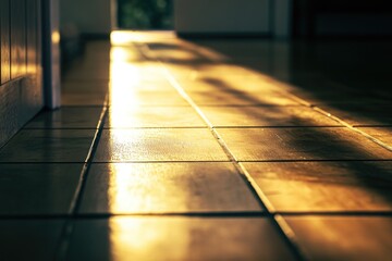 Sticker - A polished floor reflecting sunlight, perfect for use in interior design or architectural photography