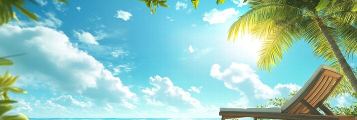 Poster - Relaxing seascape with palm trees and a lounge chair under bright sunshine by the ocean. Generative AI