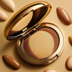 Poster - Makeup compact with golden case and various foundation shades displayed around it on a beige surface
