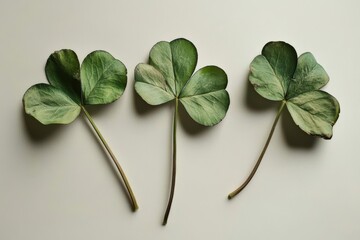 Poster - Three clover leaves arranged on a light background showcasing natural texture and color variations