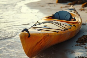 Wall Mural - a yellow kayak sits on the sand at the edge of the water, perfect for a relaxing day by the sea