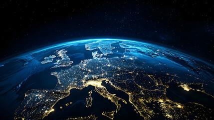glowing blue earth globe showing europe with illuminated city lights against starry night sky