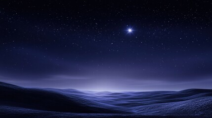 Poster - Vast night landscape illuminated by a bright star amidst rolling hills and a starry sky. Generative AI