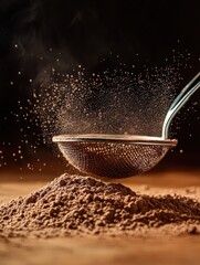 Poster - Fine cocoa powder dusting through a sieve creating a cloud above the heap on a wooden surface. Generative AI