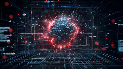 Digital Sphere Explosion With Red And Blue Light Inside Cubical Grid Network