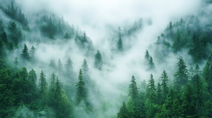 Wall Mural - misty forest landscape with dense evergreen trees and fog in a tranquil setting during early morning