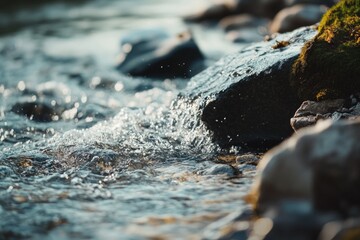 Poster - A close-up view of a river with rocks and water, suitable for use in nature or environmental themes