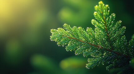 Wall Mural - close-up view of lush green pine needles glistening in the sunlight during a serene early morning in
