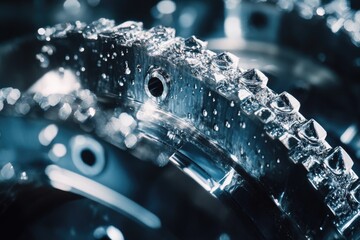 Sticker - Close-up shot of a metal object with water droplets on its surface, suitable for use in various contexts such as science, technology, or art