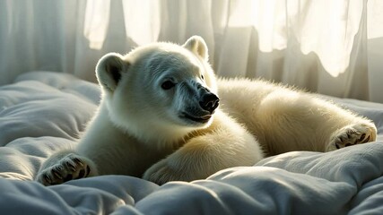 Wall Mural - Polar bear on bed. Room with a white bed and a white bear. Rays of light through the window. A polar bear lying on a mattress lifestyle.