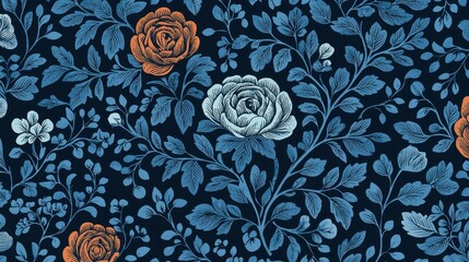 Wall Mural - Colorful Floral Pattern with Roses and Leaves on Dark Background