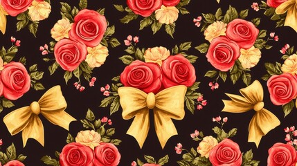 Canvas Print - Charming Floral Pattern with Roses and Bows on Dark Background