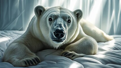 Wall Mural - Polar bear on bed. Room with a white bed and a white bear. Rays of light through the window. A polar bear lying on a lifestyle mattress.