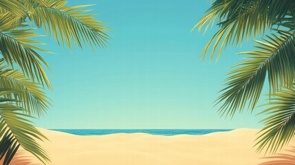 Fototapete - Sunny beach view framed by palm trees with gentle waves rolling in and a clear blue sky in the background. Generative AI