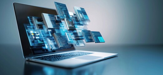 digital data flow emerging from laptop screen showcasing modern technology and programming, copy spa