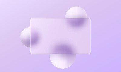 Wall Mural - transparent glass partition with floating lilac spheres on a light gradient background. landing page