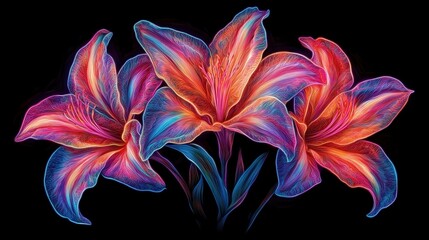 Wall Mural - Vibrant Neon Lilies with Bright Colors Against Black Background