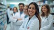 © maxximmm - Group of smiling female pharmacists. Pharmacists and healthcare professionals working together at a pharmacy. A group of chemists working together on a camera. A collection of lifestyle cheerful.
