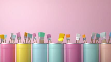 Sticker - Colorful Paint Cans with Brushes Against a Soft Pink Background