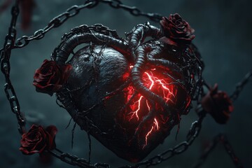 Aufkleber - Dark and striking heart surrounded by chains and roses representing love and pain in a dramatic setting. Generative AI