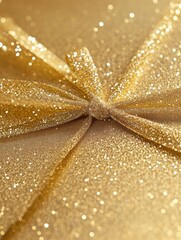 Aufkleber - Shimmering golden ribbon tying a festive gift in a warm and inviting setting. Generative AI