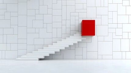 Leinwandbilder - Dynamic 3D Business Concept Image Featuring White Stairs Representing Steady Growth and Progression While a Standout Red Step Symbolizes Innovation Bold New Opportunities and Breakthrough Potential