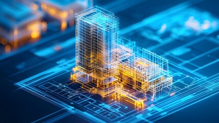 Aufkleber - Cutting edge 3D model of a high rise building showcasing advanced digital blueprint overlays futuristic engineering concepts and cyber grid connections
